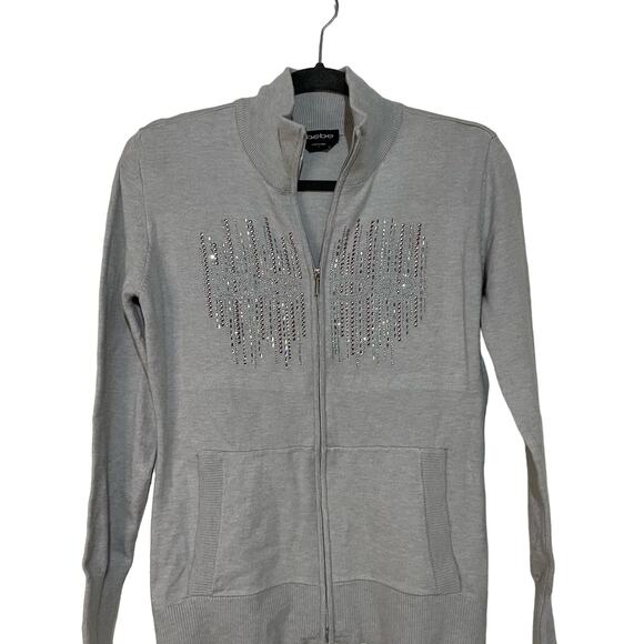 Bebe Bejeweled Grey Full Zip Up Sweatshirt y2k Large Embellished Paris Hilton - Picture 1 of 11